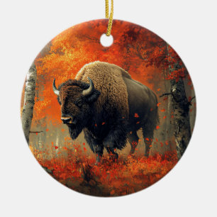 Bison i Skogen-teckningen hösten Julgransprydnad Keramik
