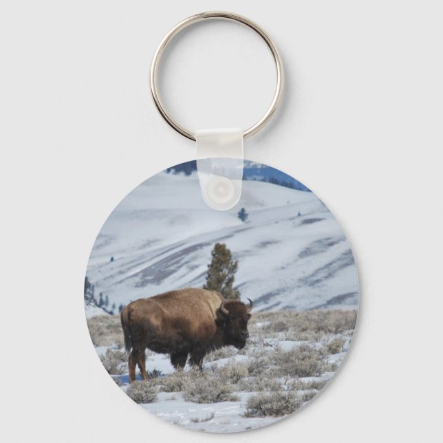 Bison i Winter Mountains of Yellowstone Nyckelring (Framsida)