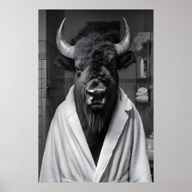 Bison in Bathrobe Art Print, Funny Bathroom Poster (Framsidan)