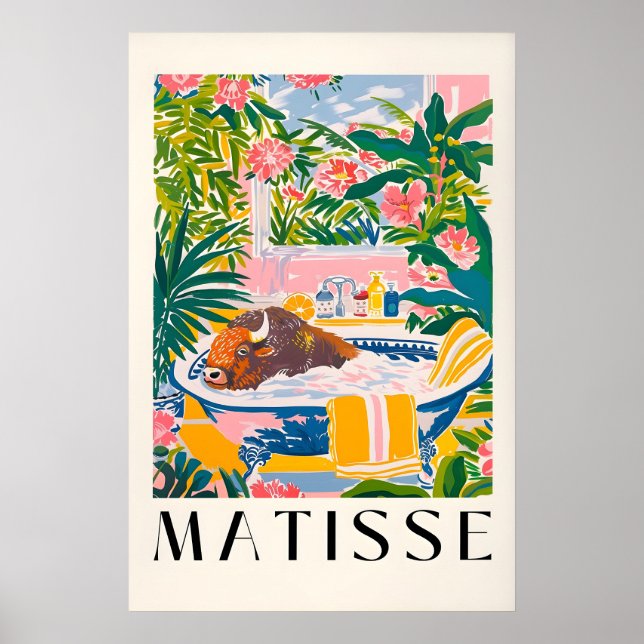 Bison in Bathtub Art Print Tropical Bathroom Poster (Framsidan)