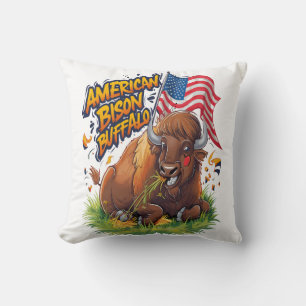 Bison med US Flagga i Grass Kudde