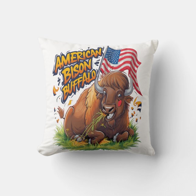 Bison med US Flagga i Grass Kudde (Framsida)