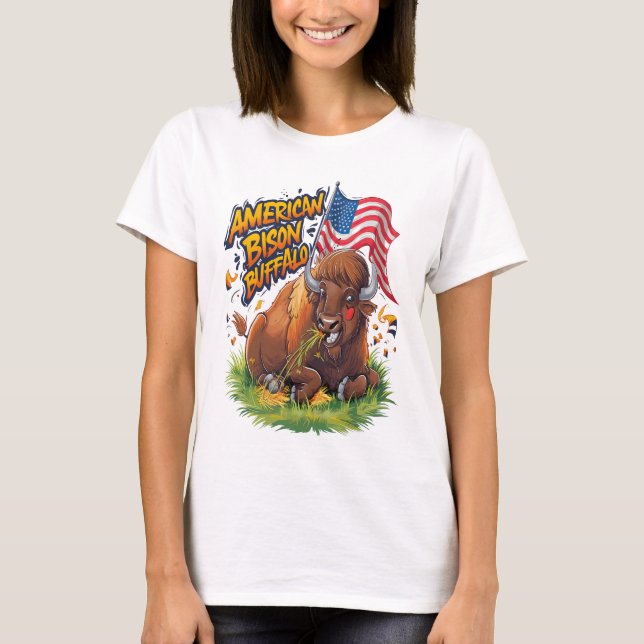 Bison med US Flagga i Grass T Shirt (Framsida)