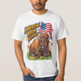 Bison med US Flagga i Grass T Shirt