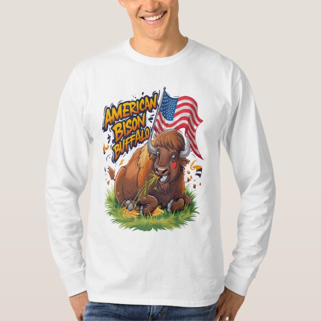 Bison med US Flagga i Grass T Shirt (Framsida)