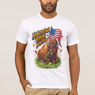 Bison med US Flagga i Grass T Shirt