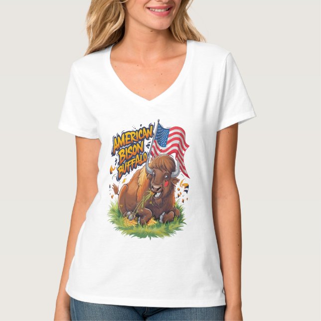 Bison med US Flagga i Grass T Shirt (Framsida)