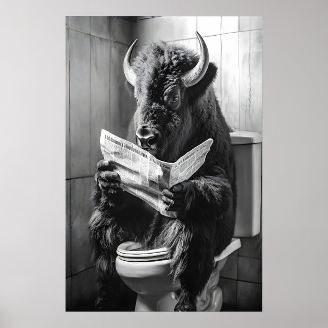 Bison on Toilet Print, Funny Bathroom Newspaper Poster (Framsidan)