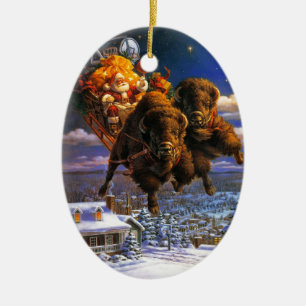 Bison Pulling Jultomten Julgransprydnad Keramik