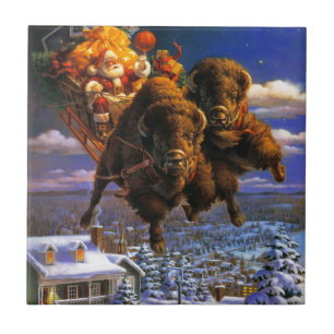 Bison Pulling Jultomten Kakelplatta