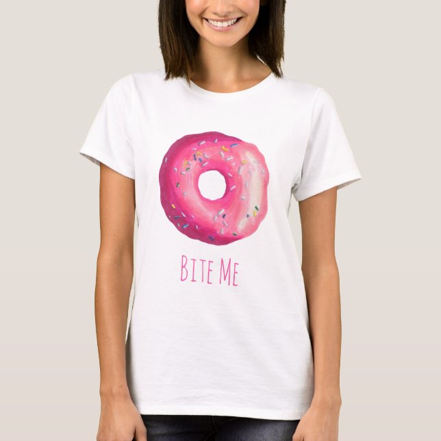 Bita mig donut med Rosa frost och sprinkler Tee Shirt (Framsida)