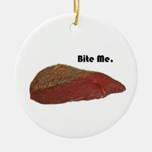Bita mig Funny Steak Beef Pun Joke Julgransprydnad Keramik