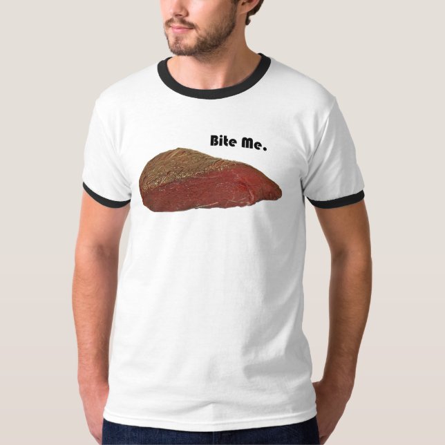 Bita mig Funny Steak Beef Pun Joke T Shirt (Framsida)