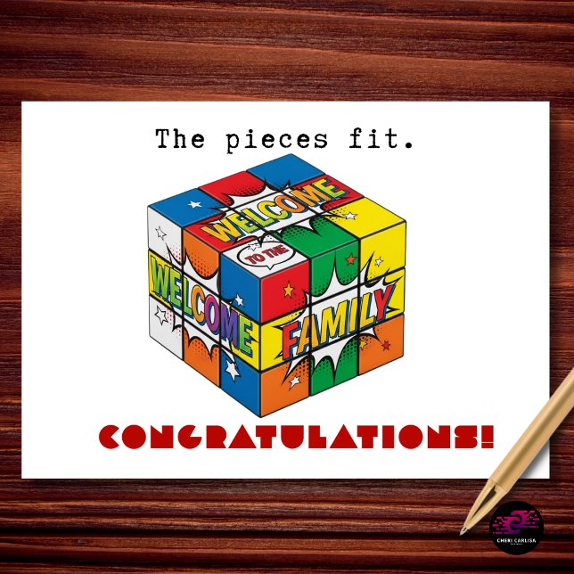 Bitarna passar Välkommen till familjen Grattis Kort (The pieces fit. Welcome to the family—congratulations on finding your perfect match!)