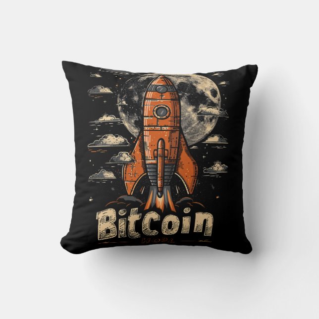 Bitcoin and Rocket to the Moon Crypto Design Kudde (Framsida)