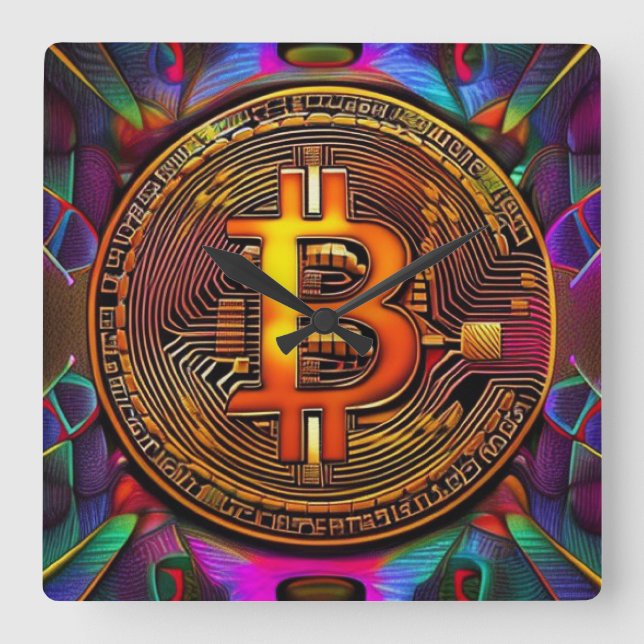 Bitcoin BTC Cryptocurrency Art Fyrkantig Klocka (Framsida)