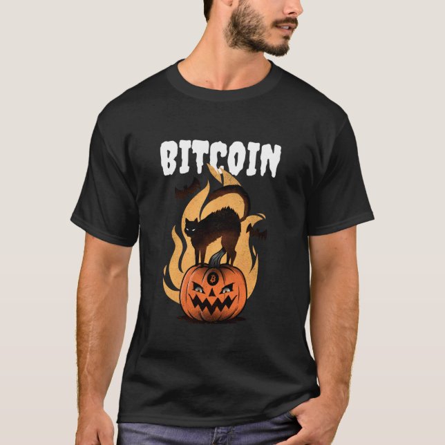Bitcoin (BTC-uttalande & Halloween-pumpa Katt Gra T Shirt (Framsida)