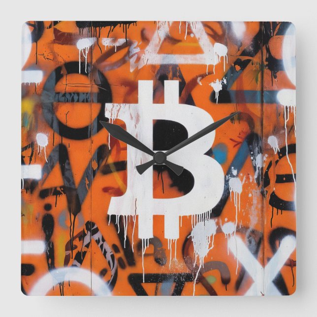 "Bitcoin Graffiti" (stil #2) Gatukonst Fyrkantig Klocka (Framsida)