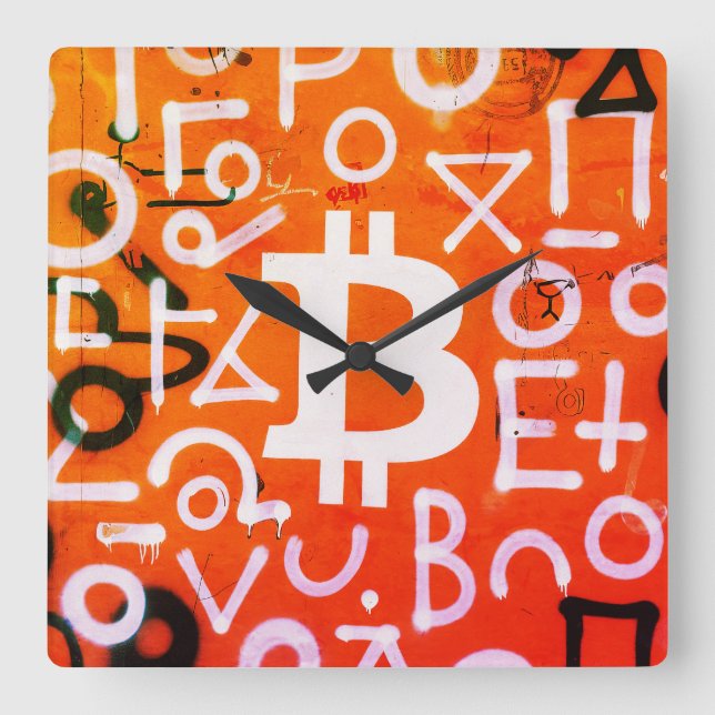 "Bitcoin Graffiti" (stil #7) Gatukonst Fyrkantig Klocka (Framsida)