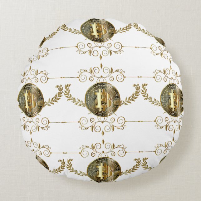 Bitcoin Guld Coin Digital Money White Rund Kudde (Framsidan)