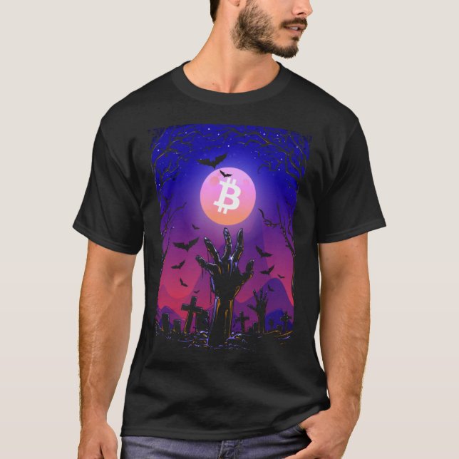 Bitcoin Måne Gravsten Graveyard Creepy Halloween T Shirt (Framsida)