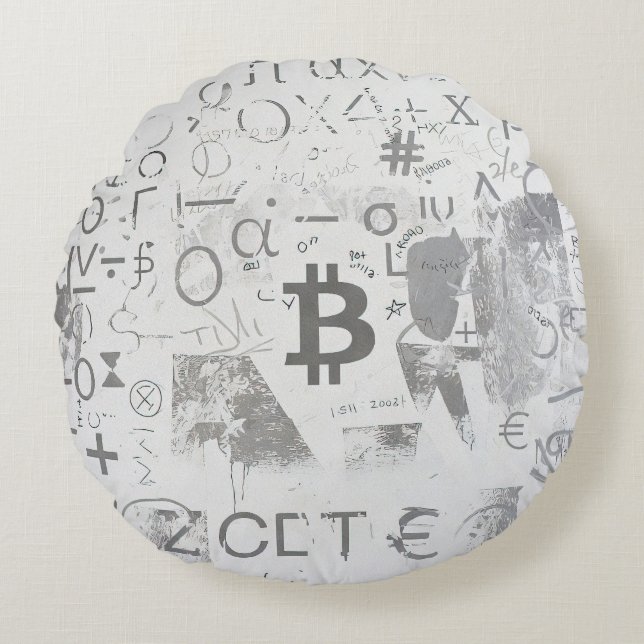 Bitcoin Street Art (Vit målning nr 3) Rund Kudde (Framsidan)
