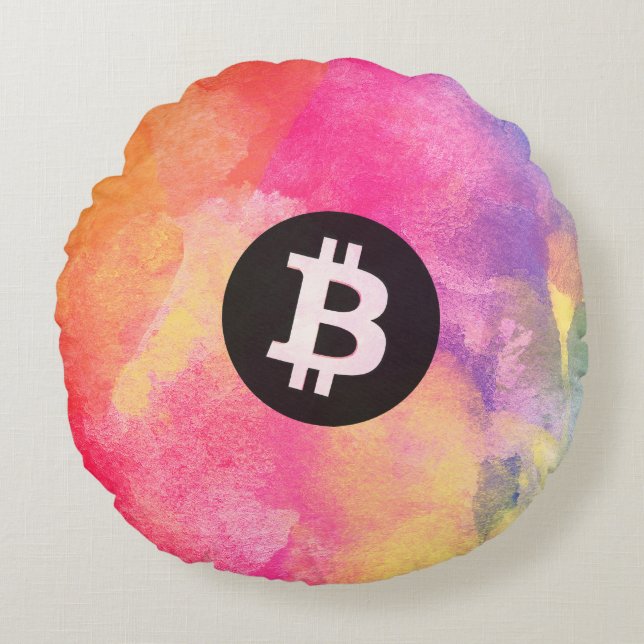 Bitcoin Watercolor (Style 1 - Genesis) Rund Kudde (Framsidan)