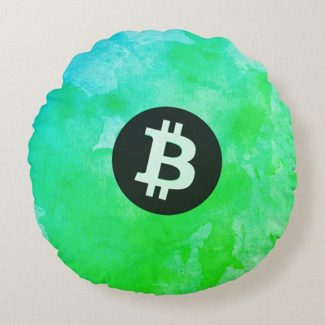 Bitcoin Watercolor (Style $ - Green Day) Rund Kudde (Framsidan)