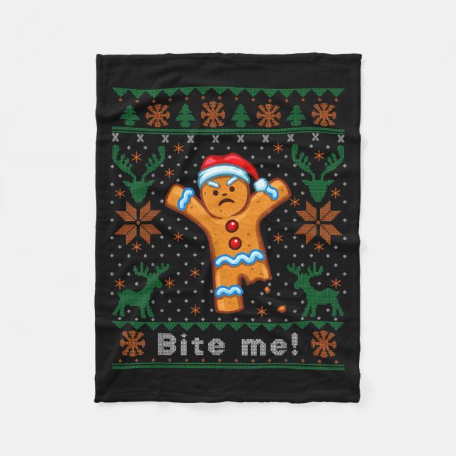 Bite Me Gingerbread Man - Funny Ugly Christmas Swe Fleecefilt (Framsidan)