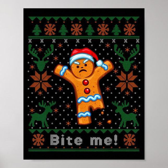 Bite Me Gingerbread Man - Funny Ugly Christmas Swe Poster (Framsidan)