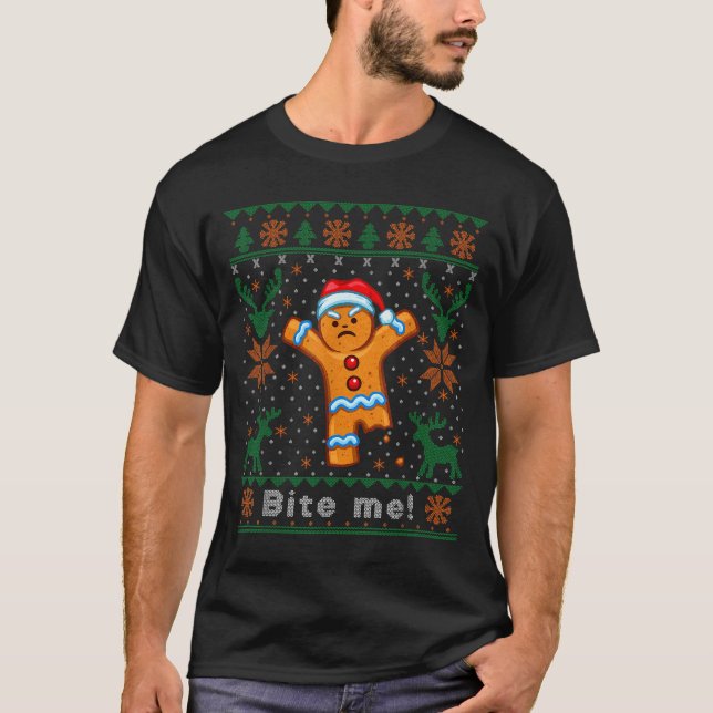 Bite Me Gingerbread Man - Funny Ugly Christmas Swe T Shirt (Framsida)