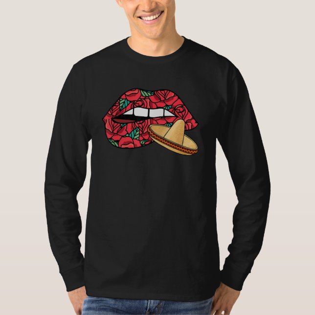Biting Läppar Dia De Los Muertos Mexican Sombrero  T Shirt (Framsida)