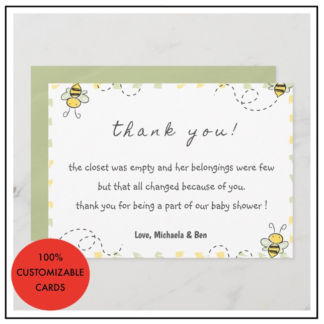 Bittillsyningskort, Babykalas Könsneutrala Tack Kort (Bee thank you cards,Baby Shower Gender Neutral 1)