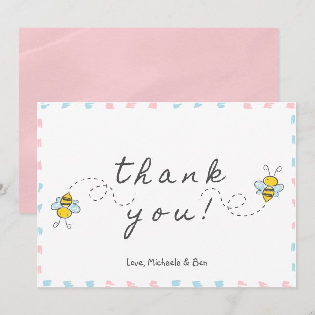 Bittillsyningskort, mamma till bin baby shower tack kort (Fram/baksida)