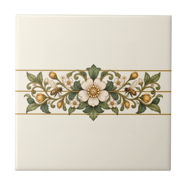 Bivildblomma Anpassad Bakgrund Fris Kakelplatta (Original tile design - warm ivory background.)