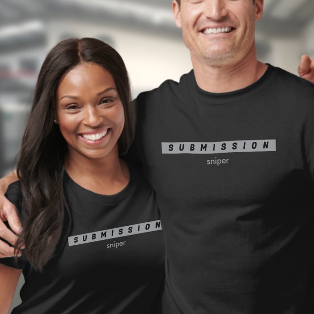BJJ Arte Suave Submission Sniper Black Jiu Jitsu T Shirt ("Submission Sniper" black T-shirt worn by a woman and a man. )
