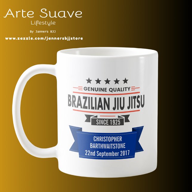 BJJ Blue Bälte rankades med Namn och utdelningsdat Kaffemugg (Brazilian Jiu Jitsu personalized blue belt coffee mug)
