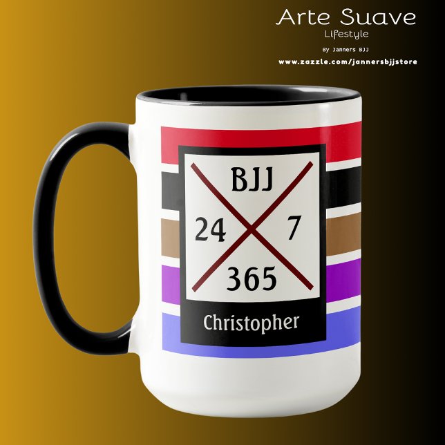BJJ Brasilian Jiu Jitsu 24 7 365 Bälte Rand Namn Mugg (Personalized BJJ 24/7/365 large coffee mug.)