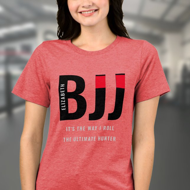 BJJ Brasilian Jiu Jitsu Add Namn Woman's T Shirt (Red BJJ woman's Tshirt worn by a female model in a gym.)