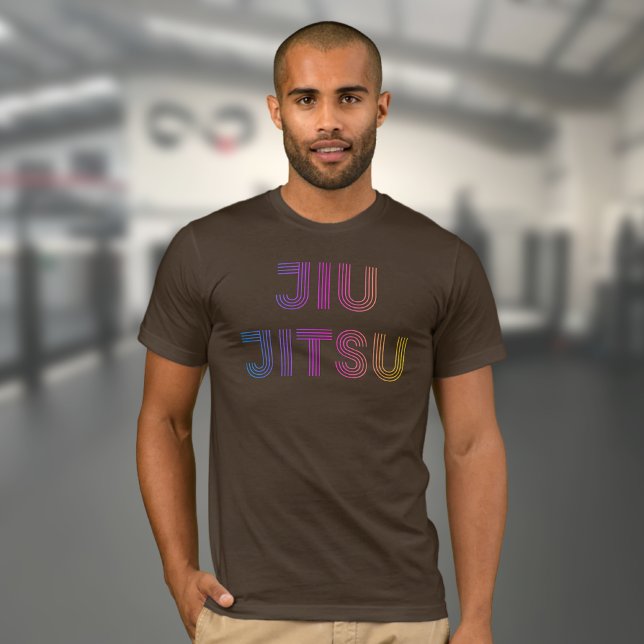 BJJ Funky Brazilian Jiu Jitsu Brown T Shirt (Funky brown Brazilian Jiu Jitsu T-shirt worn by a male model in a gym.)