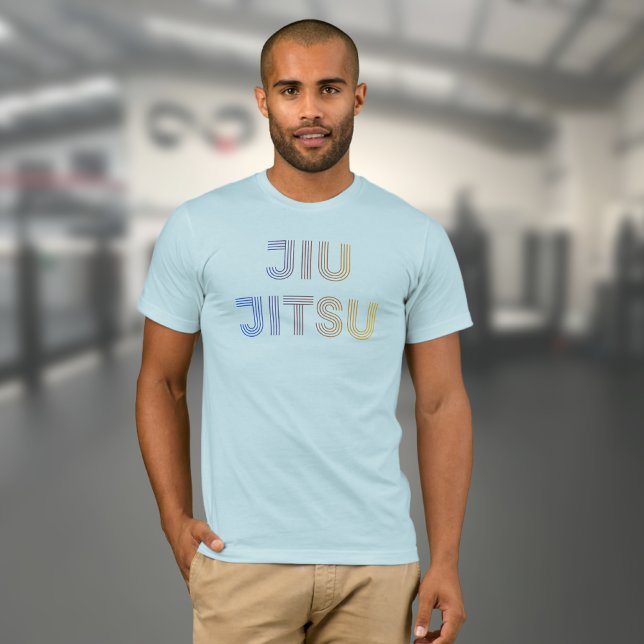 BJJ Funky Brazilian Jiu Jitsu Light Blue T Shirt (Light blue Jiu Jitsu t-shirt worn by a male model in a gym)