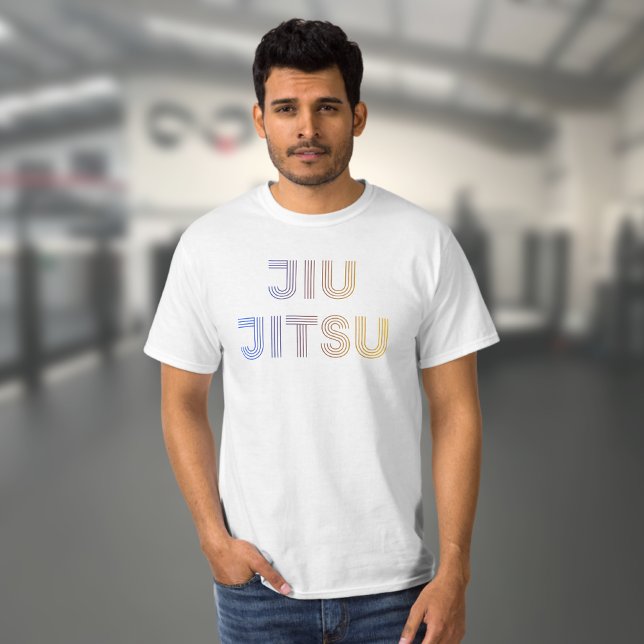 BJJ Funky Brazilian Jiu Jitsu T Shirt (Funky Jiu Jitsu white T-shirt worn by a male model in a gym)