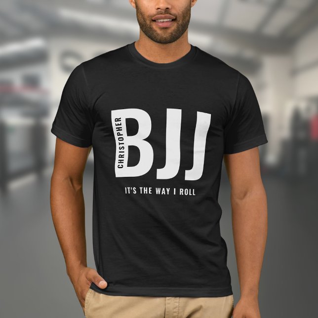 BJJ hur jag lägger till ditt namn Jiu Jitsu Black T Shirt (Black Jiu Jitsu T-shirt with white BJJ printed on chest.)
