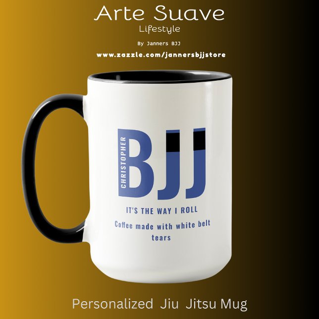 BJJ Way I Roll Anpassad Namn Jiu Jitsu Blått Bälte Mugg (Custom, large 15oz Jiu Jitsu coffee mug with name on white mug with black handle and interior.)