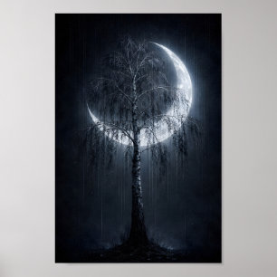 Björk med stor halvmåne och regn poster
