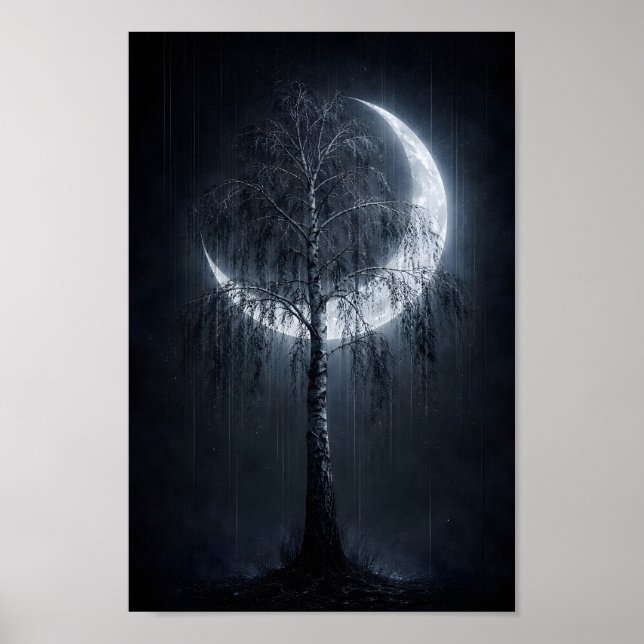Björk med stor halvmåne och regn poster (Framsidan)