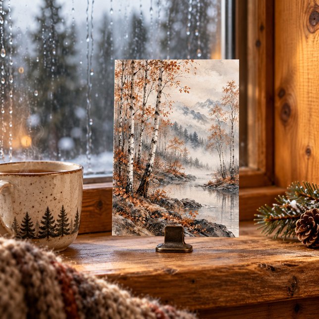 Björk mellan årstiderna konsttryck poster (Styled preview of the 4 x 6 inch unframed Standard Semi-Gloss paper print. The landscape and painterly texture are flat printed artwork. Photo clip, cup and other decorative accessories are not included.)
