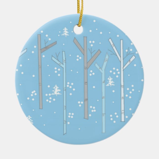 Björkar med fallande snö julgransprydnad keramik (Framsidan)