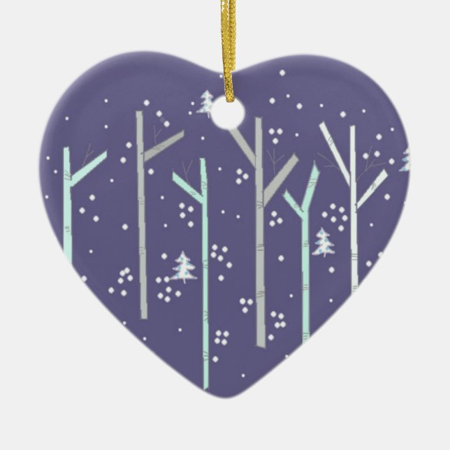 Björkar med fallande snö julgransprydnad keramik (Framsidan)