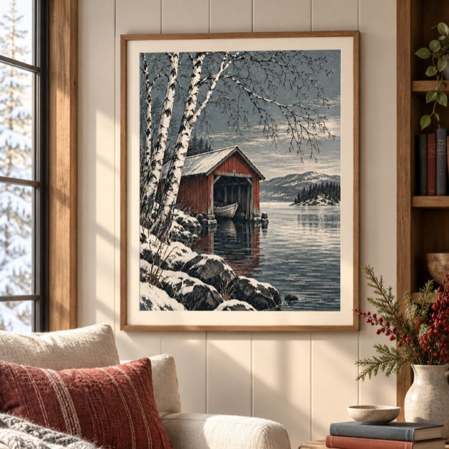 Björkbåthus Konsttryck Poster (Styled display of The Birch Boat Shelter Art Print. Frame, mat and furnishings shown for illustration; select framing options separately.)